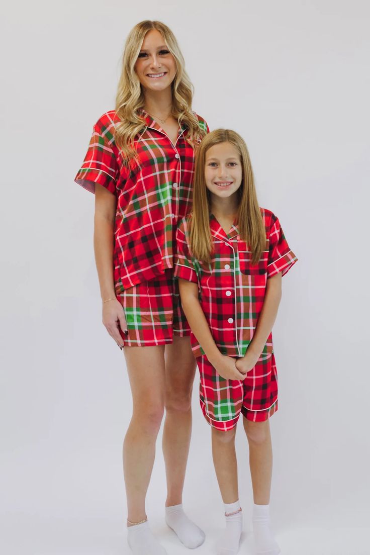 Women's Custom Satin Plaid pajamas – Spikes and Seams Red Relaxed Fit Sleepwear For Bedtime, Red Short Sleeve Sleepwear For Pajama Party, Red Matching Sleepwear For Holidays, Red Relaxed Fit Sleepwear For Pajama Party, Red Relaxed Fit Sleepwear For Sleepover, Red Short Sleeve Sets For Pajama Party, Red Short Sleeve Pajama Party Set, Red Cotton Lounging Sets, Red Pajama Party Sets