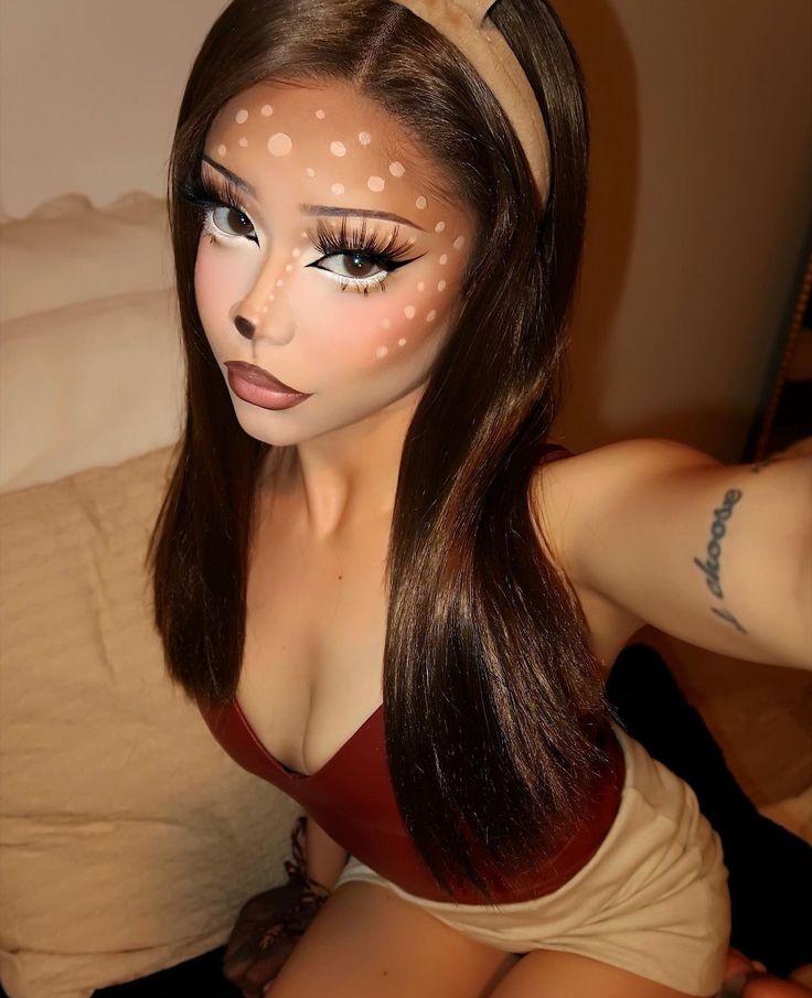 Deer Costume Makeup, Deer Halloween Makeup, Crazy Halloween Makeup, Bambi Makeup, Deer Halloween Costumes, Deer Halloween, Halloween Costume Makeup, Dresses Outfit Ideas, Look Halloween