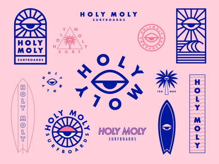 various logos and stickers are shown on a pink background with the words, holi moly