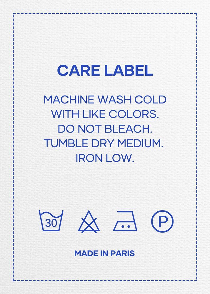 the label for care label is shown in blue and white, with instructions on how to use