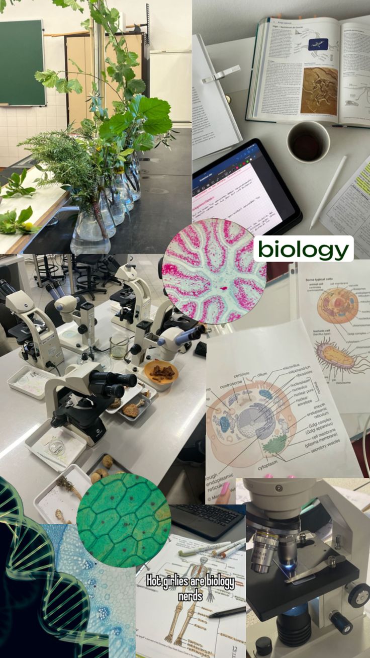 a collage of photos with plants, microscopes and books on the table in front of them