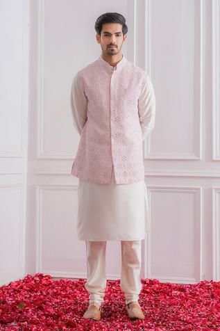 Powder pink Nehru jacket in pure georgette base fabric featuring machine and mirror embroidered motifs.
Component: 1
Pattern: Embroidered
Type Of Work: Mirror Work
Neckline: Mandarin
Sleeve Type: Sleeveless
Fabric: Pure Georgette; Lining: Twill Satin
Color: Pink
Other Details: 
Front button down jacket
Pocketed jacket
Note: The kurta and churidar worn by the model is not for sale
Occasion: Wedding - Aza Fashions Nehru Jacket With Kurta, Nehru Jacket For Men, Nehru Jacket, Silk Kurta, Pink Mirror, Nehru Jackets, Bespoke Tailoring, Pants Fit, Satin Color