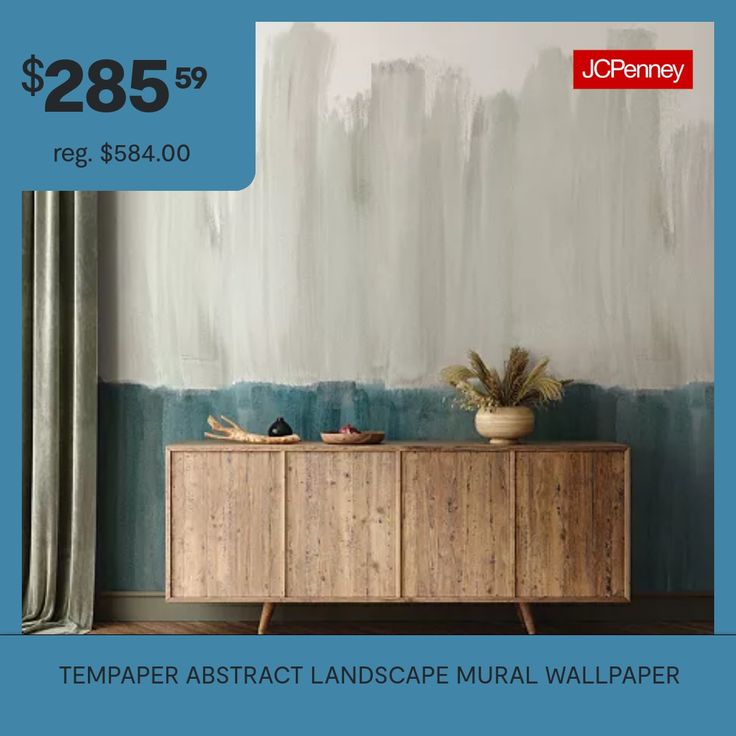 an advertisement for a wallpaper store with a painting on the wall and a plant in front of it