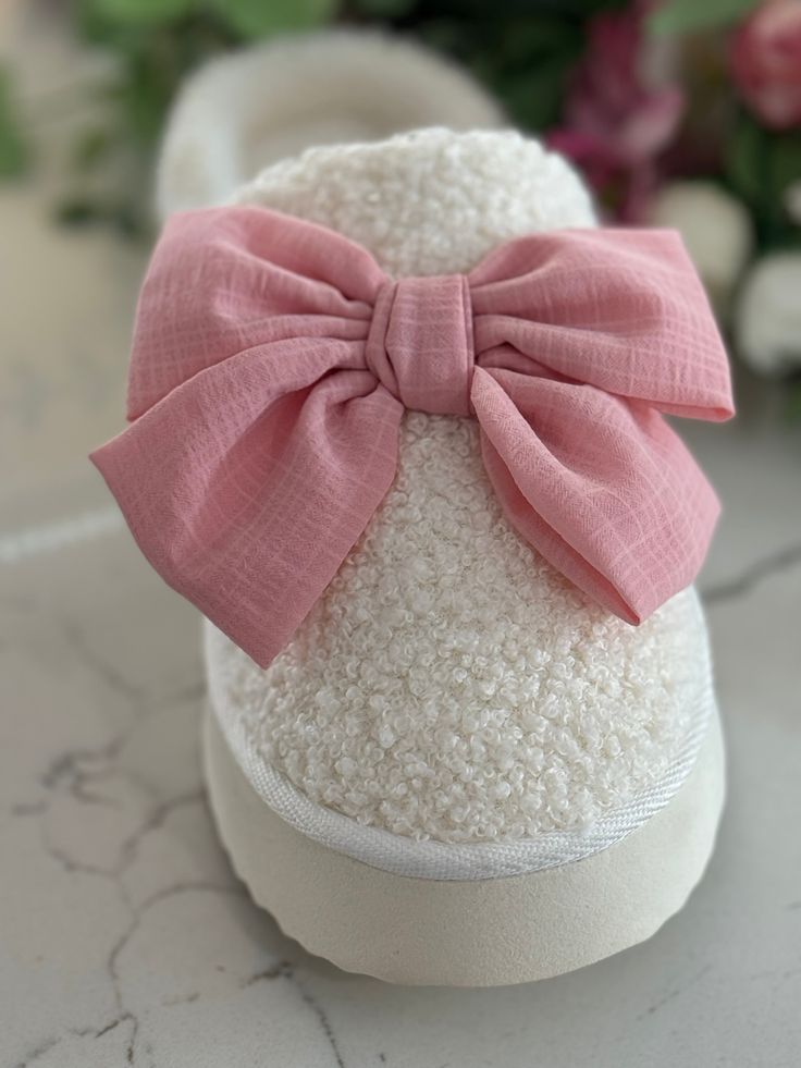 Darling Pink Bow Slippers featuring platform solid soles, shearing material and front pink bow. Runs True to Size Bow Slippers, Handmade Slippers, Barbie Collection, New Arrival Dress, Holiday Collection, Pink Bow, Shoe Collection, 9 And 10, 4th Of July