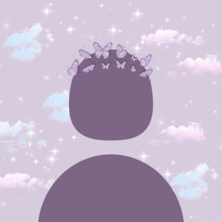 the silhouette of a person with butterflies on their head, against a purple background and stars in the sky