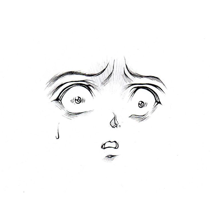 a black and white drawing of a woman's face with her eyes wide open