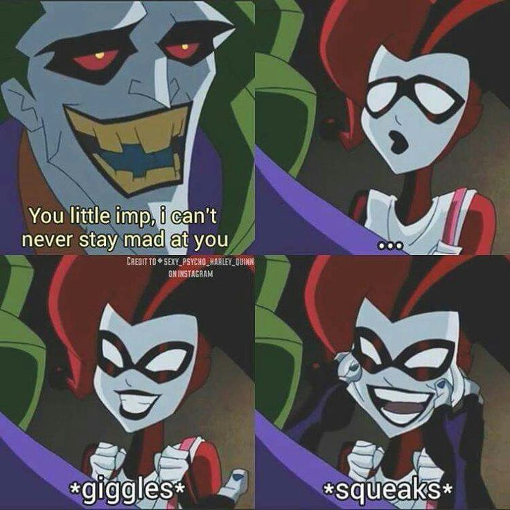 the joker and harley from batman animated comics, with caption that reads you little impp i can't never stay mad at you