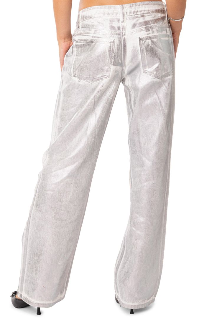 A low rise balances the straight legs of these metallic jeans crafted from nonstretch denim. 100% cotton Machine wash, dry flat Imported Shiny Straight Leg Bottoms For Fall, Fall Shiny Straight Leg Bottoms, Trendy Metallic Wide Leg Jeans, Metallic Shiny Straight Leg Bottoms, Trendy Metallic Wide-leg Jeans, Metallic Straight Leg Pants With Five Pockets, Metallic Straight Leg Bottoms For Fall, Fall Metallic Straight Leg Bottoms, Metallic Straight Leg Jeans With Five Pockets