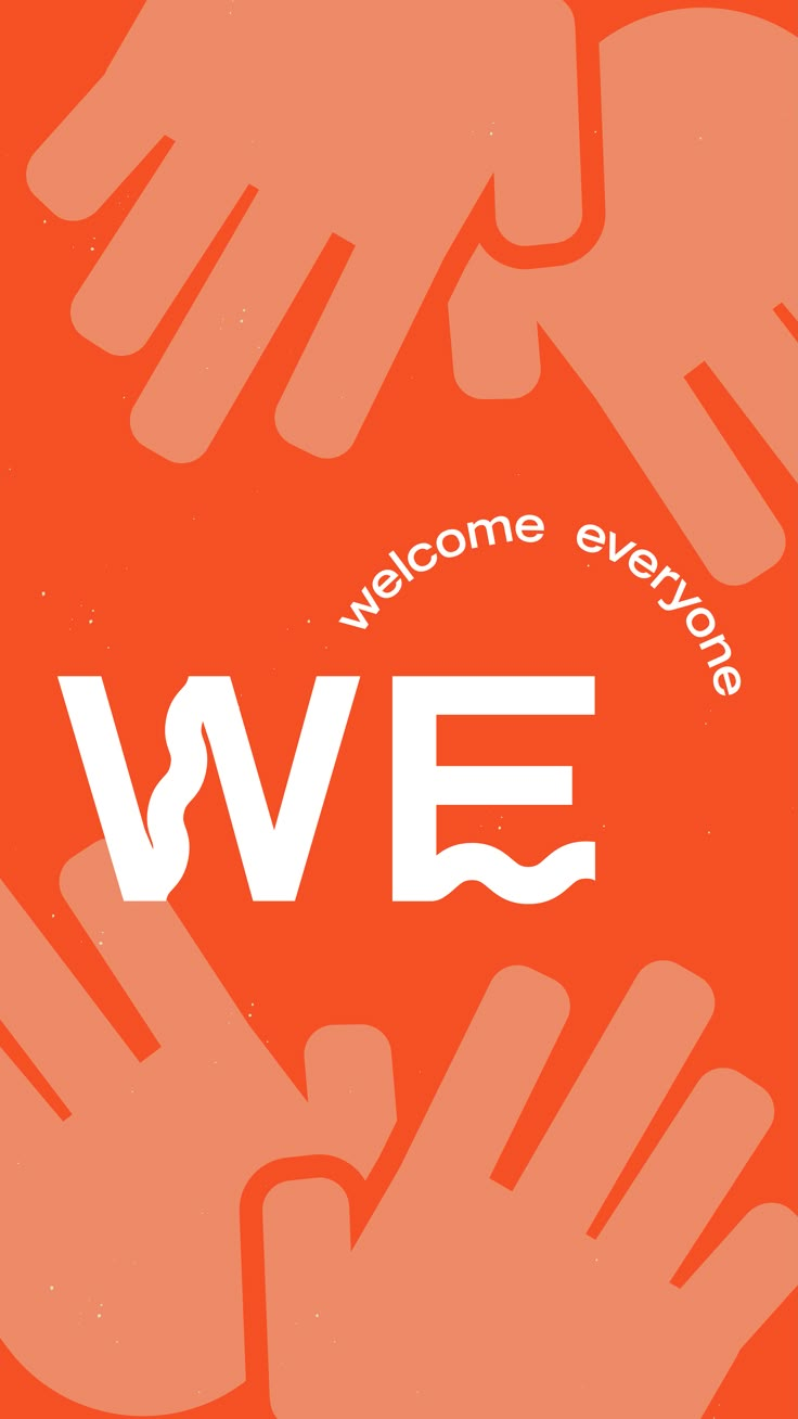 the we welcome everyone logo is shown in white on an orange background with hands reaching for each other