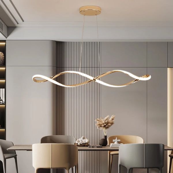 an elegant dining room with modern lighting fixtures and chairs in neutral colors, including beige