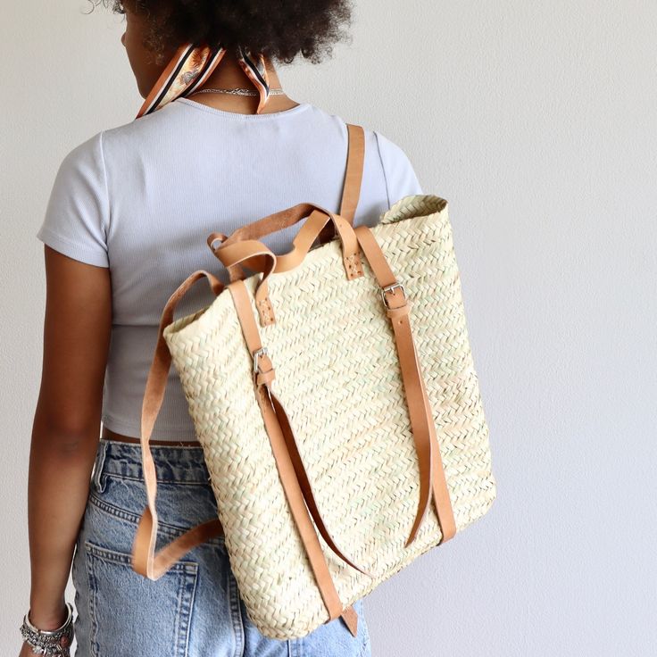 Aiden Straw & Leather French Market Backpack - Tan - Holistic Habitat Shopping Totes, Straw Beach Bag, French Market, Farmer's Market, Leather Handles, Tan Color, Art Fair, A Bag, Leather Handle