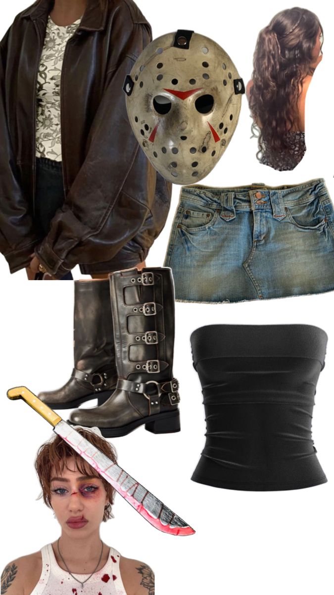 a collage of different outfits and accessories including a mask, skirt, top, boots, hair