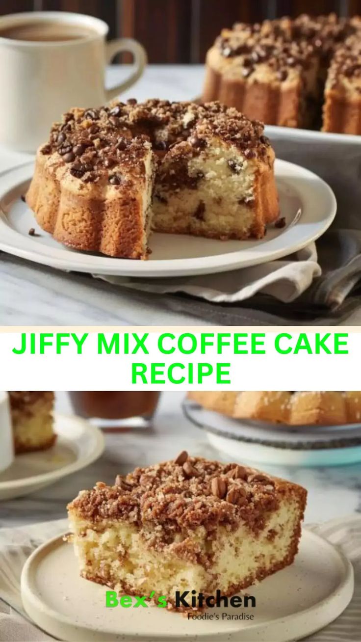 two pictures of coffee cake on plates with the words jiffy mix coffee cake recipe