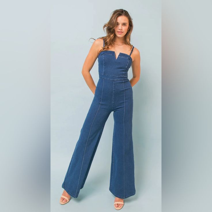 Making Magic Denim Jumpsuit, Never Worn Denim One Piece Jumpsuit, Denim Midi Dress, Hacks Clothes, Flying Tomato, Fashion Hacks, Straight Neckline, Denim Jumpsuit, Wide Leg Denim, Jumpsuits For Women