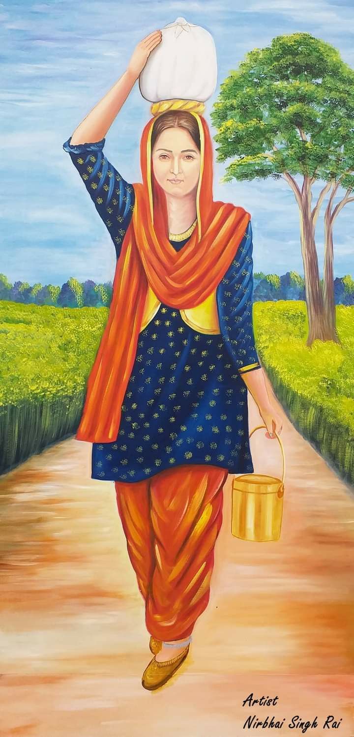 a painting of a woman walking down a dirt road carrying a bucket on her head