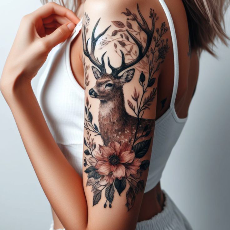 a woman with a deer and flowers tattoo on her arm is posing for the camera