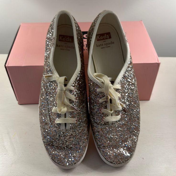 Never Worn Kate Spade Glitter Keds With Satin And Regular Laces. Gold And Silver. Casual Silver Glitter Sneakers, Silver Glitter Print Lace-up Sneakers, Silver Glitter Print Sneakers With Round Toe, Silver Sneakers With Glitter Print And Round Toe, Casual Silver Sparkling Sneakers, Metallic Lace-up Sneakers For Party, Silver Party Sneakers For Spring, Spring Silver Party Sneakers, Silver Sneakers With Glitter Accents For Spring