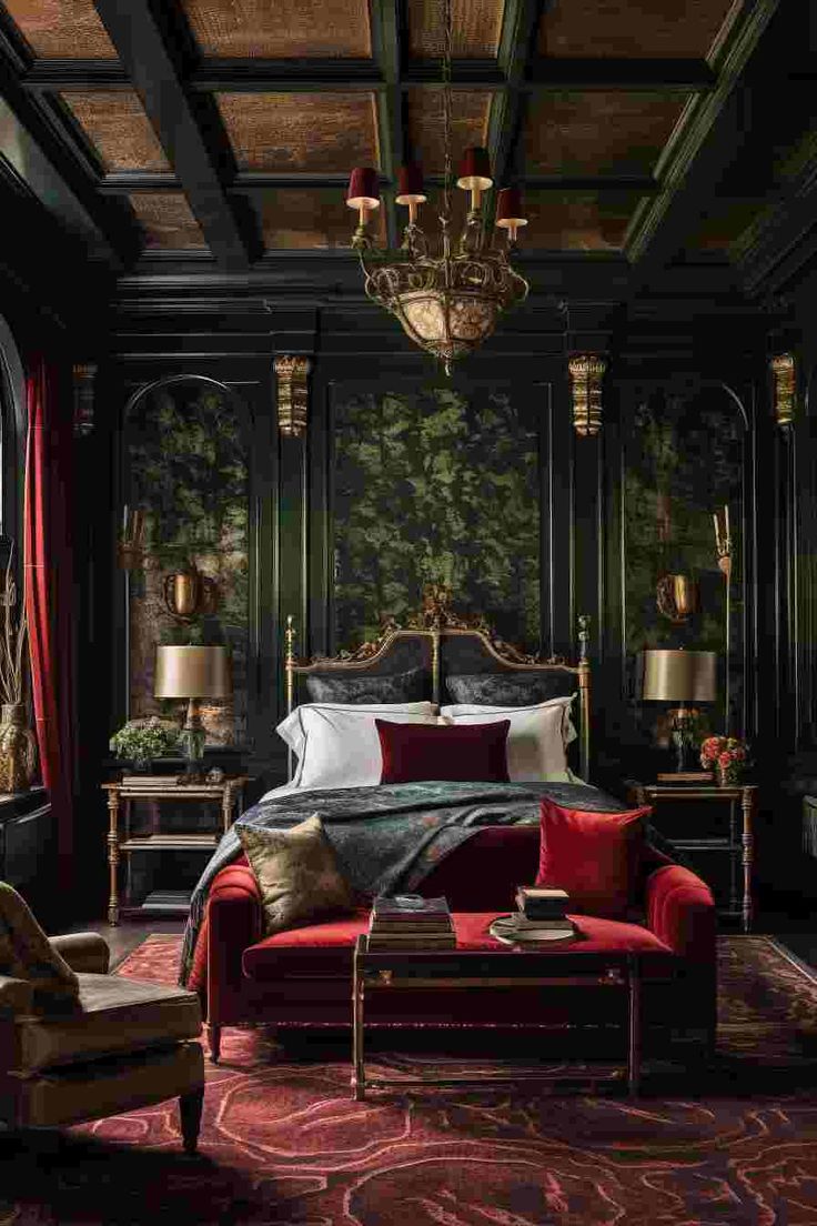 the bedroom is decorated in black and red with an ornate chandelier hanging from the ceiling