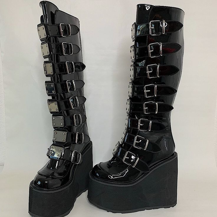 Gothic Wedge Boots With Round Toe For Party, Black Platform Wedge Boots For Party, Gothic Party Wedge Boots With Round Toe, Black Platform Wedge Boots For Concert, Leather Platform Wedge Boots For Party, Leather Platform Boots With Wedge Heel For Parties, Silver Platform Punk Boots, Black High-top Wedge Boots For Party, Edgy Silver Platform Boots