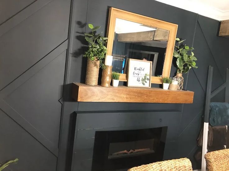 a living room with a fire place and potted plants on top of the mantle