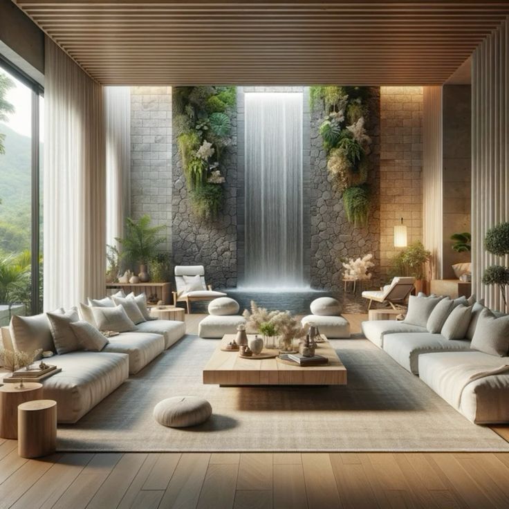 a living room filled with furniture and a waterfall