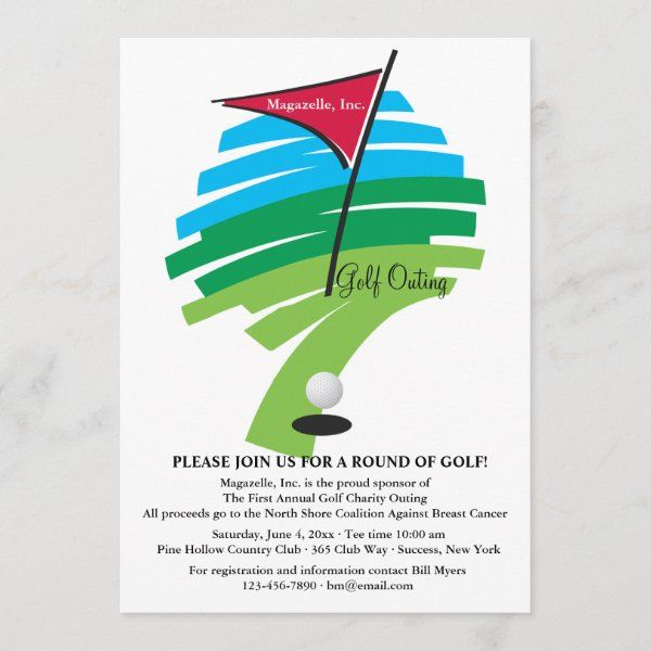 a golf tournament flyer with a green, blue and red flag on the top of it