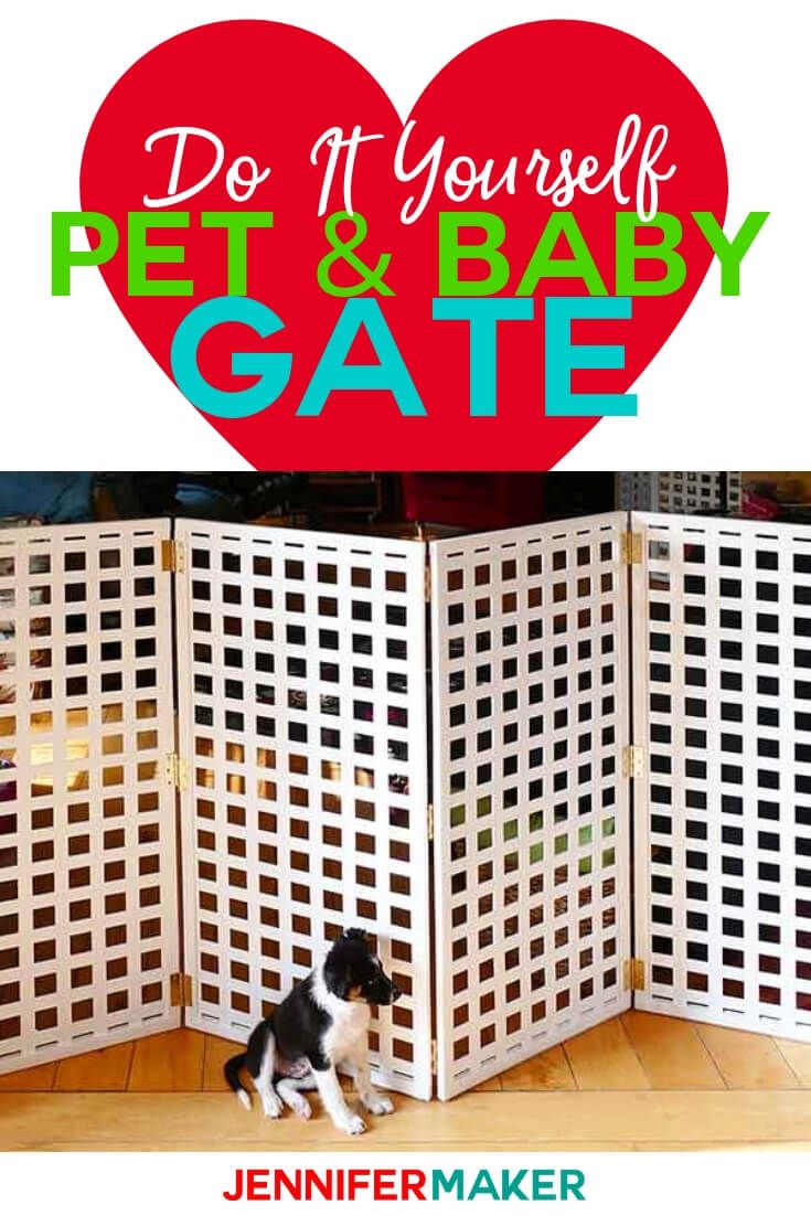 a dog standing in front of a gate with the words do it yourself pet and baby gate