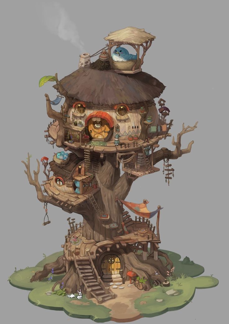 a tree house with lots of different things on the roof and stairs leading up to it