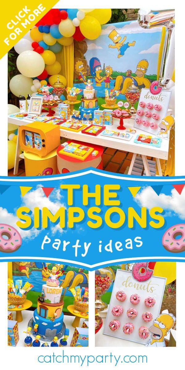 the simpsons party is set up with donuts, cake and other items for an adorable birthday