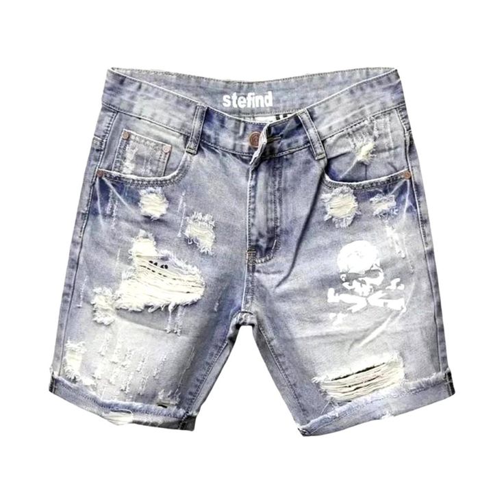 Transform your summer vibe with our Skull Print Torn Denim Shorts from the 2023 Summer Collection. With a everlasting mid-waistline fit. these grunge-vibe shorts will make you look and feel cool no matter where you go. Featuring a zipper and button closure. damaged details. and slender fit. you'll be ready to take on the season in these unique shorts!Distinctive Features: Grunge Style: Make a bold statement with these distressed shorts. finished with a skull print for a touch of edge. Mid-Waist Cowboy Denim, Streetwear Korean, Oversized Jean Jacket, Mens Denim Shorts, Skeleton Skull, Ripped Denim Shorts, Ripped Shorts, Slim Denim, Distressed Shorts