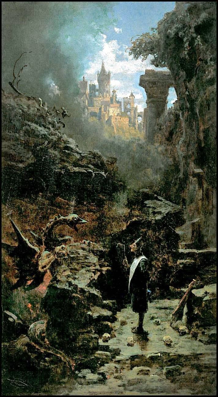 a painting of a man standing in the middle of a river with a castle in the background