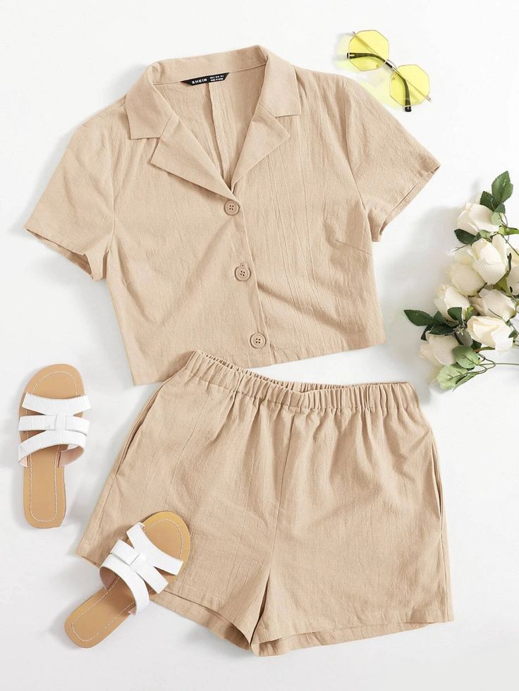 SHEIN Single Breasted Solid Blouse & Shorts Set | SHEIN USA Split Hem Skirt, Single Button Blazer, Casual Cap, Shein Style, Blazer Buttons, Two Piece Outfit, Short Outfits, Short Sets, Pretty Outfits