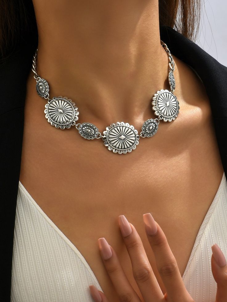 Hotter than August in Texas! Billy Antique Silver Tone Western Concho Necklace. Beautiful silver tone concho necklace. Material: Zinc alloy. Length: 15 inches. [IMP-SH 12374840] Western Jewelry Necklace Bohemian, Chunky Western Jewelry, Western Prom Jewelry, Western Wedding Necklace, Silver Western Jewelry, Western Wedding Jewelry, Concho Jewelry, Western Jewelry Necklace, Concho Necklace