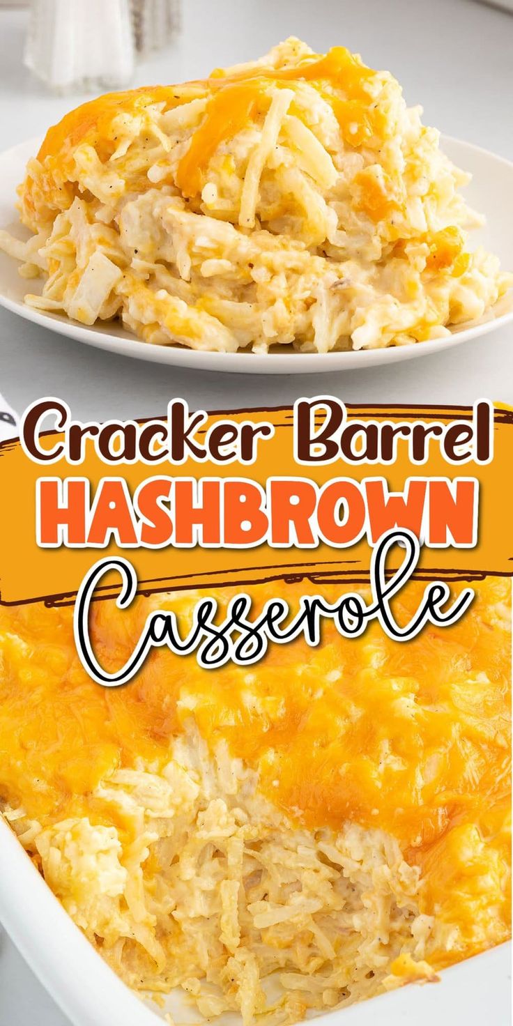 cracker barrel hashbrown casserole recipe on a white plate with text overlay