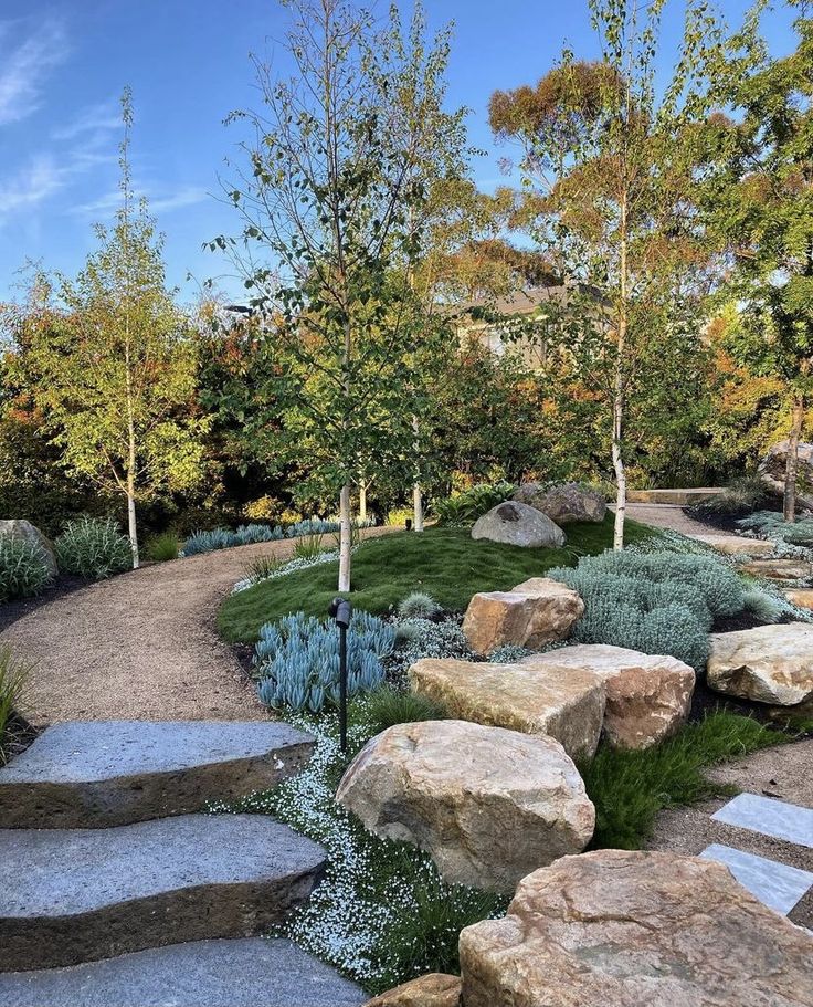 a rock garden with steps leading up to trees and bushes on either side of the path