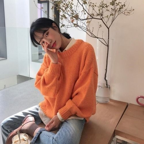 Korean Fashion Ideas, Korean Fits, Korean Fashion Outfits, Outfit Korean, Orange Outfit, Orange Aesthetic, Orange Sweaters, Korean Fashion Women, Korean Aesthetic