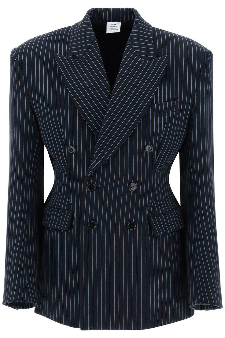 VETEMENTS striped double-breasted jacket made of pure cotton yarn with an hourglass design. It features button closure, peaked lapels, flap pockets, buttoned cuffs. Viscose branded lining, back slits, oversized fit. The model is 187 cm tall and wears a size M. Size Info STANDARD Color Detail Blue Made In Italy Material 100% CO Season One spring Season Two summer Product clothing Brand Vetements Size And Fit Hourglass Design, Designer Blazers For Men, Latest Fashion Design, Blazer Designs, Double Breasted Jacket, Double Breasted Blazer, Tailored Jacket, Stylish Men, Black Coat