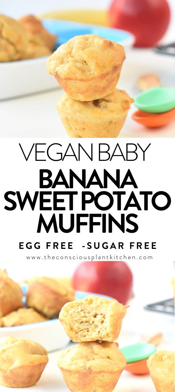 vegan baby banana sweet potato muffins with text overlay