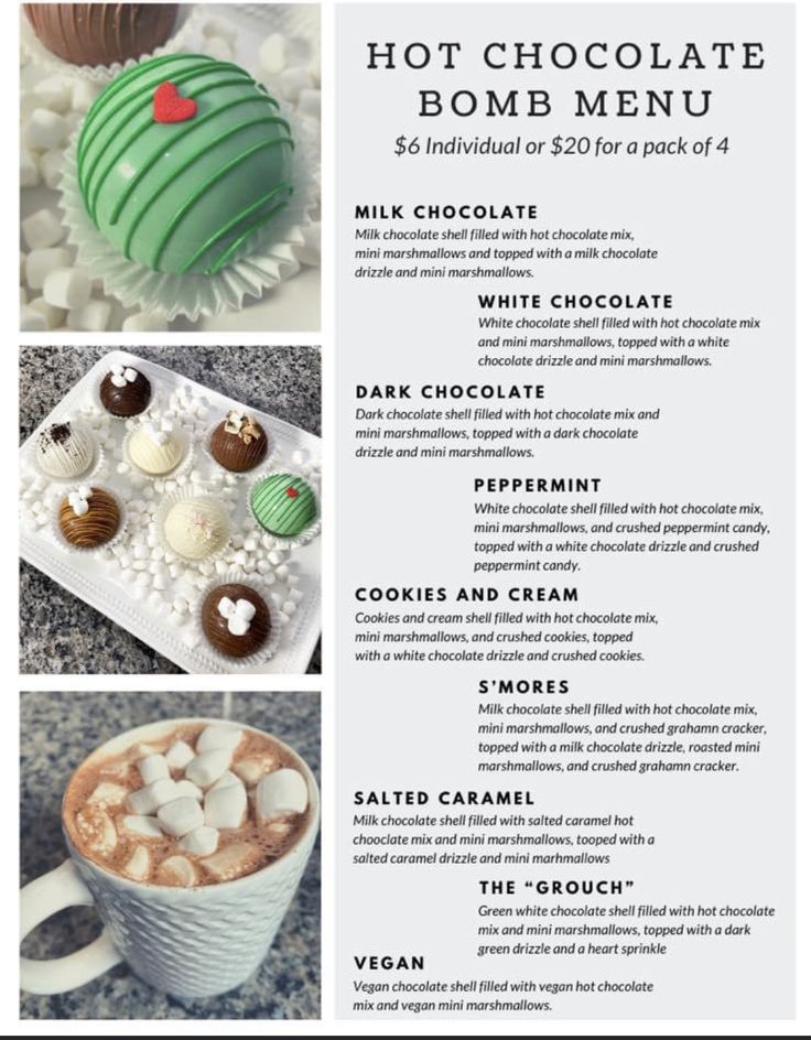 a menu with different types of desserts and drinks on it's side, including hot chocolate