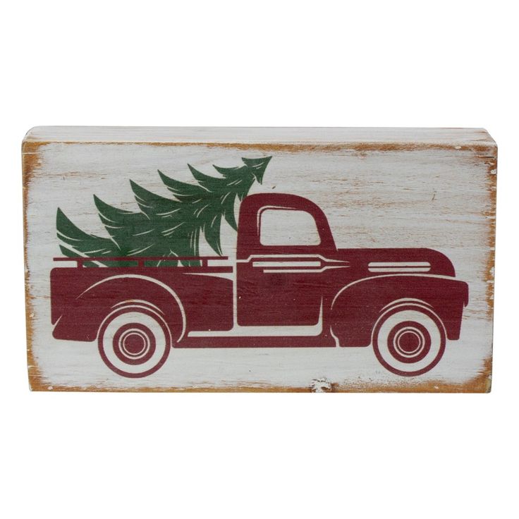 an old red truck with a christmas tree on the bed is painted on a white background