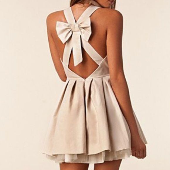 jones & jones Dresses | Jones And Jones Nicky Bow Dress | Poshmark Beige A-line Cocktail Dress, Feminine A-line Dress With Bow Tie Back, Spring Wedding Mini Dress With Bow Tie Back, Elegant Spring Backless Dress With Bow Tie Back, Beige A-line Dress For Date Night, Beige Summer Dresses With Bow, Spring Fitted Beige Backless Dress, Spring Beige Fitted Backless Dress, Cream Party Dress With Bow