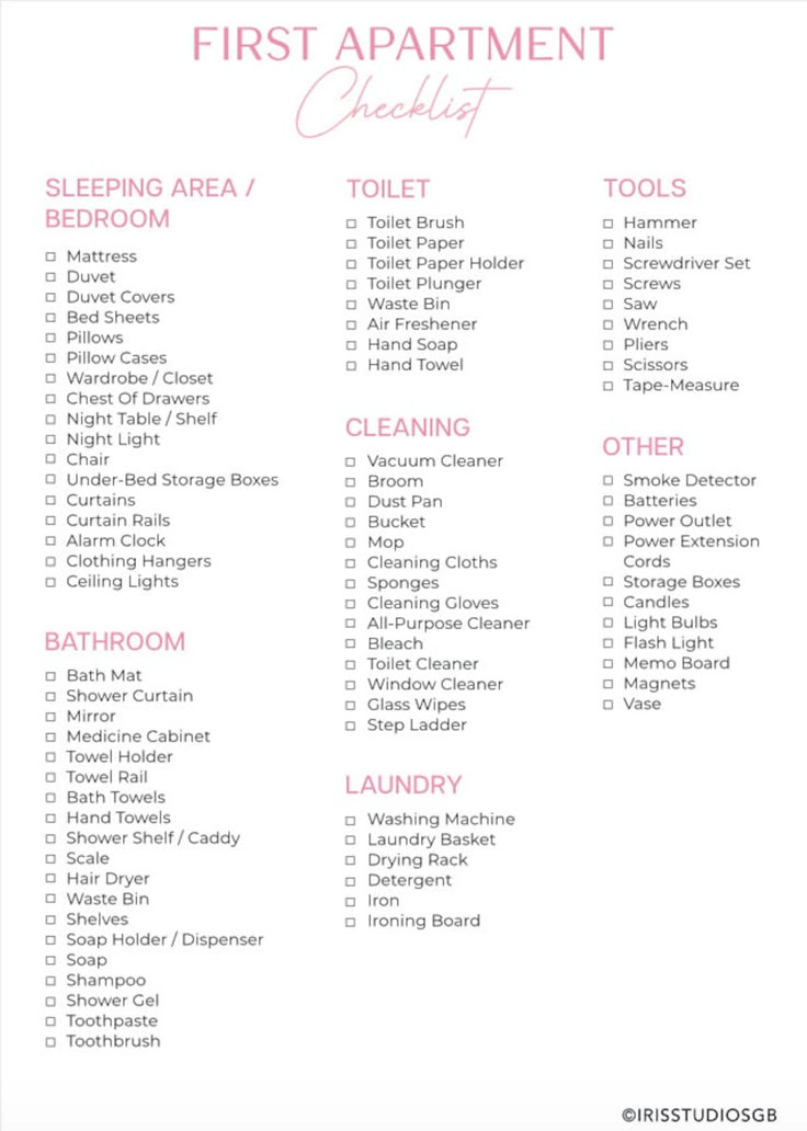 the first apartment checklist is shown in pink