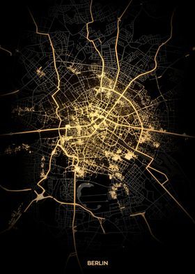 a map of berlin, germany at night with lights on the streets and buildings in yellow