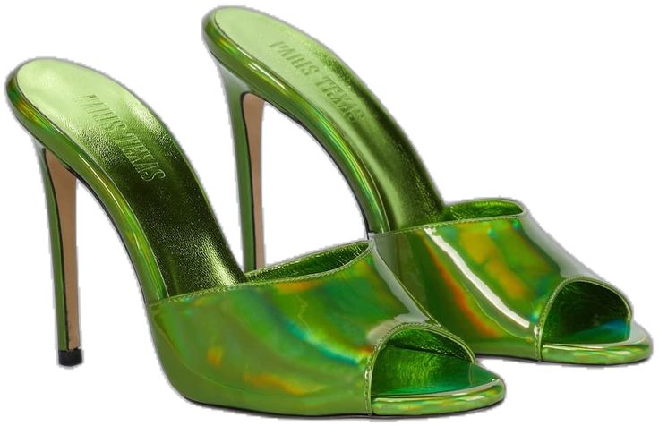 Modern Green Sandals For Party, Glamorous Green Pointed Toe Sandals, Luxury Green Evening Sandals, Luxury Green High Heel Sandals, Green Open Heel Mules For Party, Green Pointed Toe Mules For Party, Luxury Green Open Heel Heels, Luxury Green Open Toe Sandals, Luxury Green Open Heel Sandals