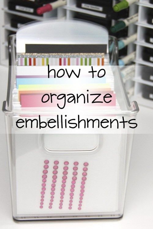 a clear plastic container filled with lots of crafting supplies and text that reads how to organize embellishments