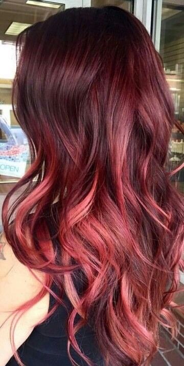 Dark Roots And Red Hair, Red Tone Balayage, Pretty Shin Tattoo, Funky Red Hair Color, Bright Red Balayage Hair Brunettes, Cool Reds Haircolor, Dark Red To Light Red Hair, Red Winter Hair Color, Hair Color Ideas For Red Hair