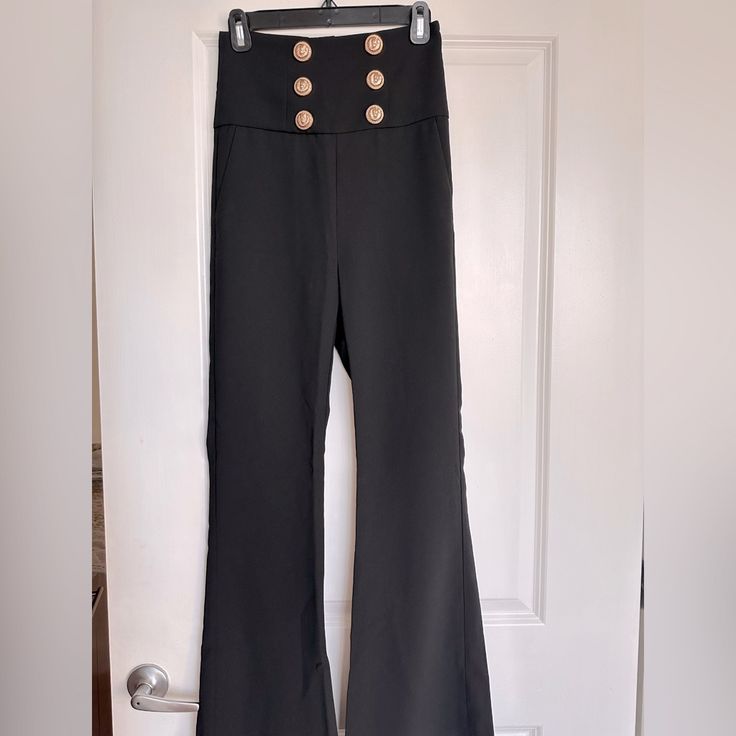 Wide Leg Black Pants. Never Worn. They Are Too Long For Me And Too Big. Formal Black Wide Leg Pants With Button Closure, Black Wide-leg Dress Pants With Button Closure, Black Wide Leg Dress Pants With Button Closure, Black Wide-leg Pants With Button Closure, Black Straight Leg Pants With Buttons, High Waist Pants With Button Closure For Night Out, Black Dress Pants With Button Closure, Black Straight Dress Pants With Button Closure, Black High-waisted Pants With Button Closure