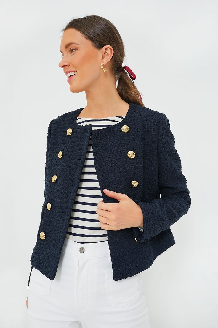 Navy Tweed Marais Jacket | Tuckernuck Navy Blue Tweed Jacket Outfit, Navy Tweed Jacket Outfit Women, Navy Tweed Jacket, Chic Tailored Blue Tweed Jacket, Navy Tweed Jacket Outfit, Navy Tailored Outerwear With Buttons, Luxury Navy Wool Outerwear, Tweed Jacket Outfit, Sundress Season