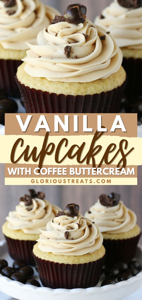 Vanilla Cupcakes with Coffee Buttercream, Valentine's dessert ideas, Valentine treats Amazing Cupcake Flavors, Unique Cupcake Flavors, Flavorful Cupcakes, Gourmet Cupcake Recipes, Homesteading Recipes, Coffee Icing, Sunshine Committee, Chocolate Covered Espresso Beans, Coffee Buttercream