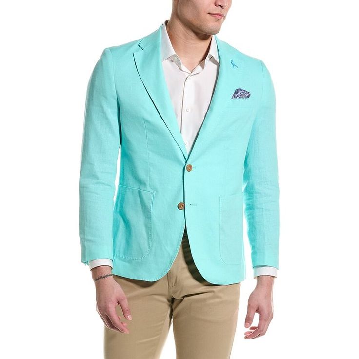 About The Brand: Classic Menswear With A Colorful Twist. Linen-Blend Sport Coat In Seafoam With Notch Lapel, Left Chest Pocket, Two Front Pockets, Interior Pockets, And Side Vents At Back Hem Approximately 30in From Shoulder To Hem Model Is 6'2 And Is Wearing A Size 40r. Measurements May Vary Slightly By Size. Two-Button Closure Shell: 55% Linen, 45% Rayon Lining: 100% Polyester Dry Clean Only Imported Spring Linen Suit With Button Closure, Tailored Casual Spring Suits, Casual Tailored Spring Suits, Semi-formal Sport Coat With Pockets For Spring, Semi-formal Spring Sport Coat With Pockets, Casual Blue Suit With Lapel Collar, Casual Spring Suits With Notch Lapel, Spring Casual Suits With Notch Lapel, Spring Casual Notch Lapel Suits